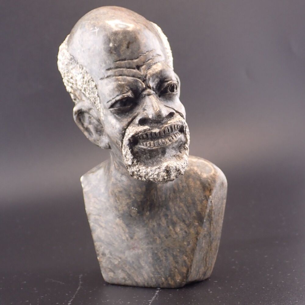African Art Hand Carved Stone Sculpture Statue Bust Head Bearded Lifelike Man